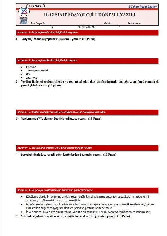 11.sınıf sosyoloji 1.dönem 1.yazılı 12.sınıf sosyoloji 1.dönem 1.yazılı