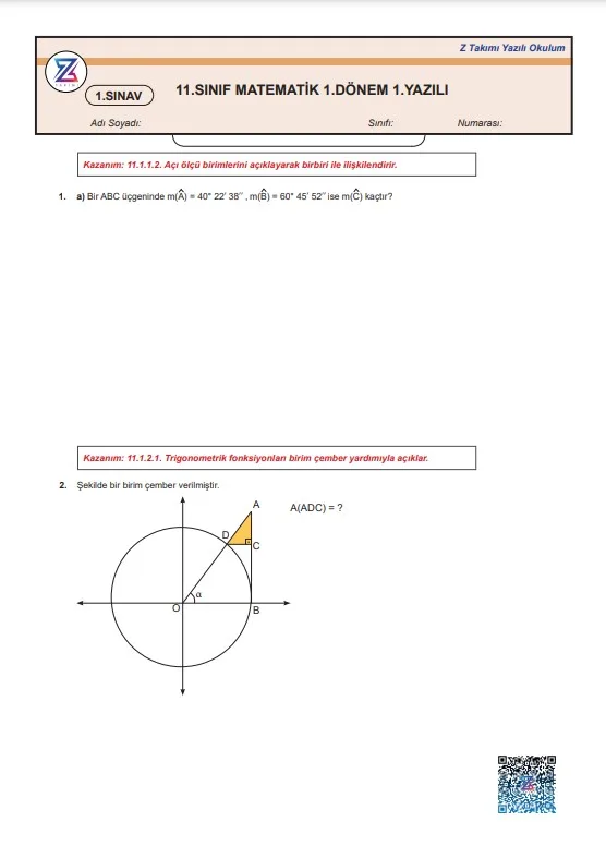 11.sınıf matematik 1.dönem 1.yazılı