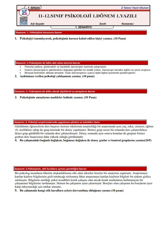 11.sınıf psikoloji 1.dönem 1.yazılı 12.sınıf psikoloji 1.dönem 1.yazılı