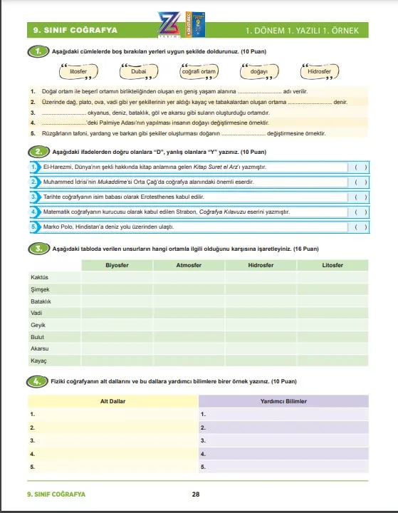 9.sınıf coğrafya 1.dönem 1.yazılı