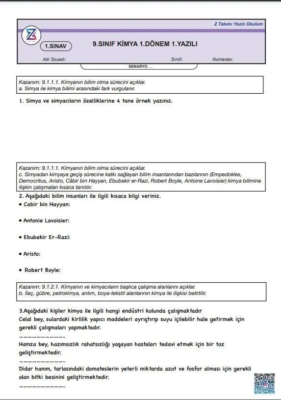 9.sınıf kimya 1.dönem 1.yazılı