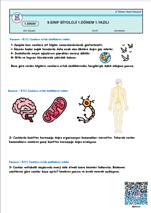 9.sınıf biyoloji 1.dönem 1.yazılı