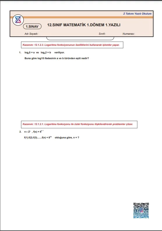 12.sınıf matematik 1.dönem 1.yazılı