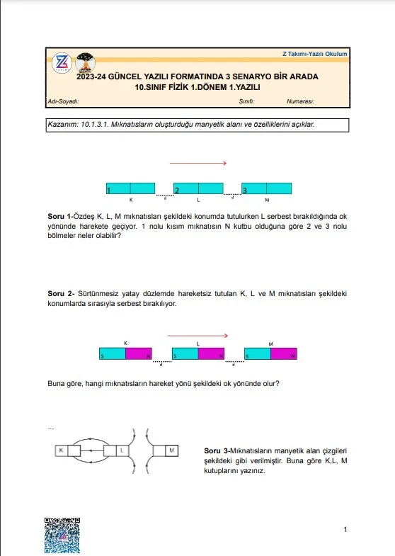 10.sınıf fizik 1.dönem 1.yazılı