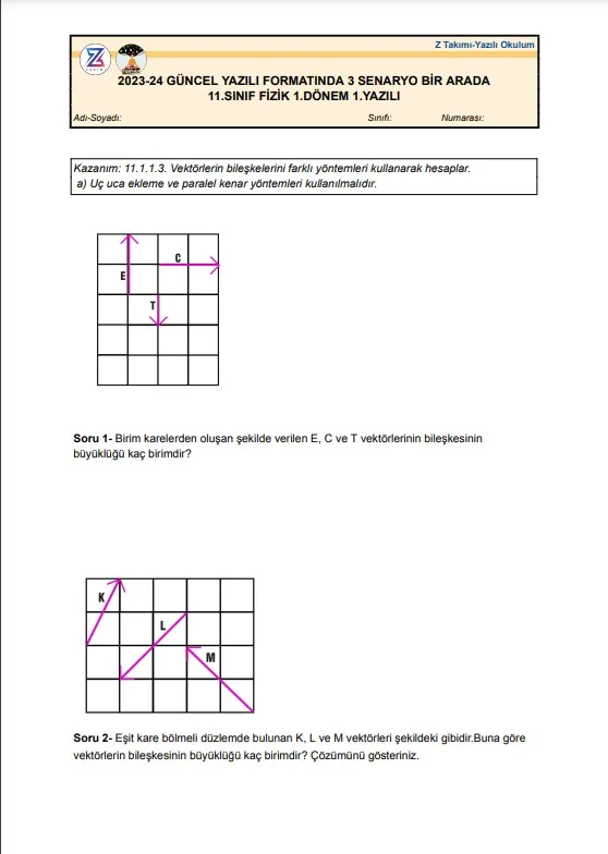 11.sınıf fizik 1.dönem 1.yazılı