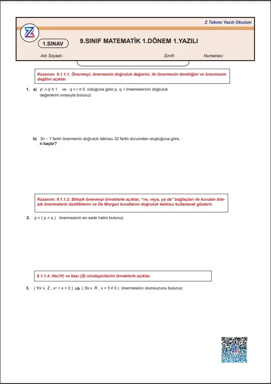 9.sınıf matematik 1.dönem 1.yazılı