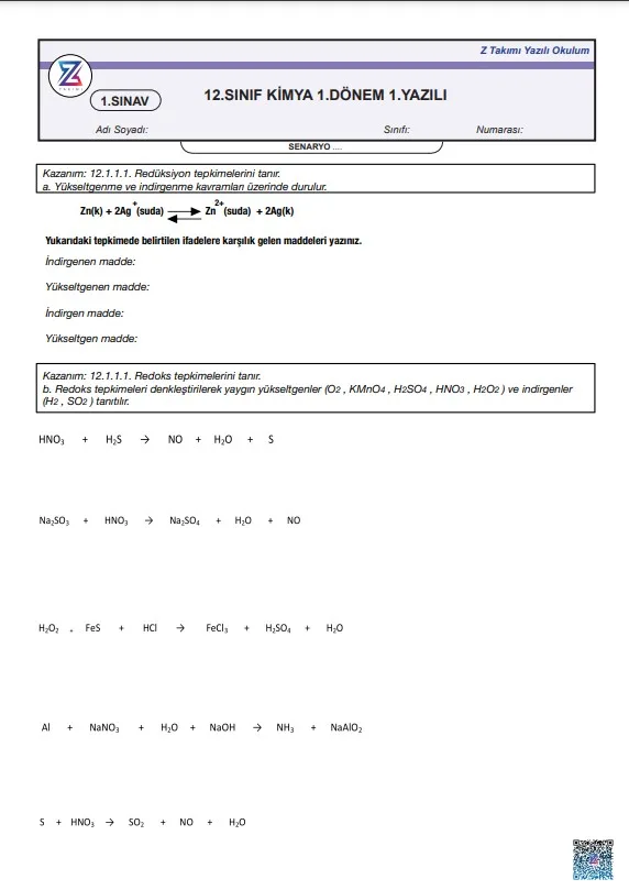 12.sınıf kimya 1.dönem 1.yazılı