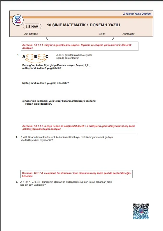 10.sınıf matematik 1.dönem 1.yazılı