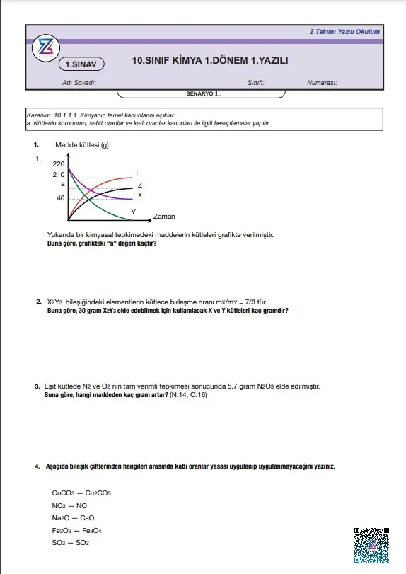 10.sınıf kimya 1.dönem 1.yazılı
