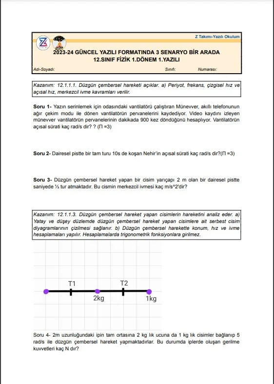 12.sınıf fizik 1.dönem 1.yazılı