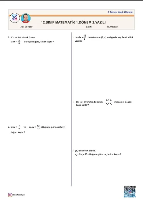 12.sınıf matematik 1.dönem 2.yazılı örnek