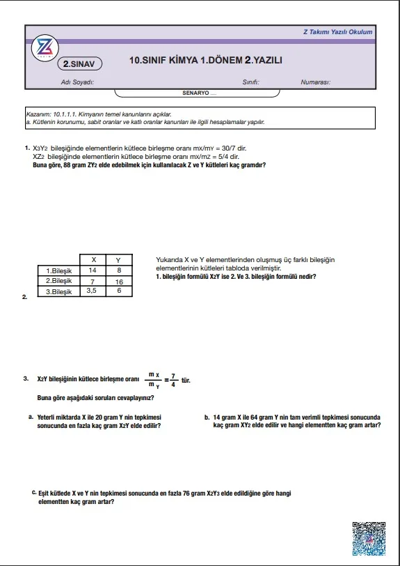 10.sınıf kimya 1.dönem 2.yazılı örneği