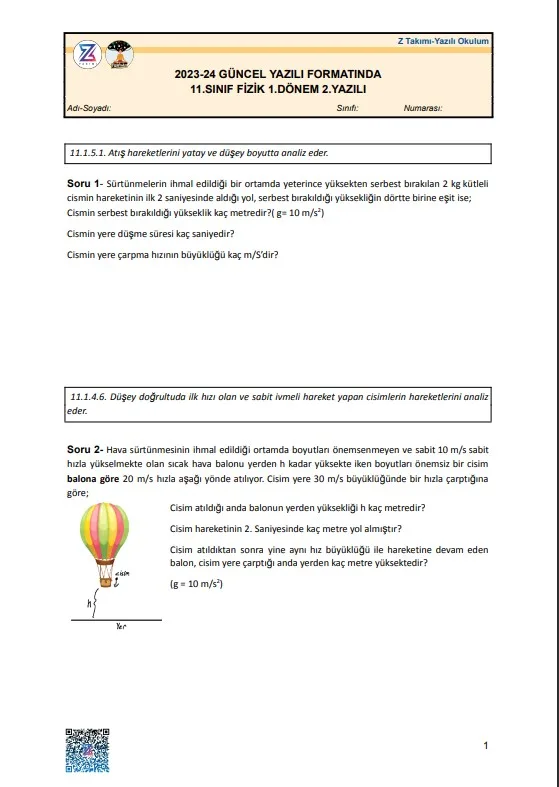 11.sınıf fizik 1.dönem 2.yazılı örneği