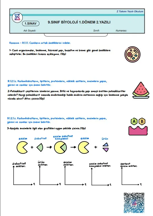 9.sınıf biyoloji 1.dönem 2.yazılı örneği