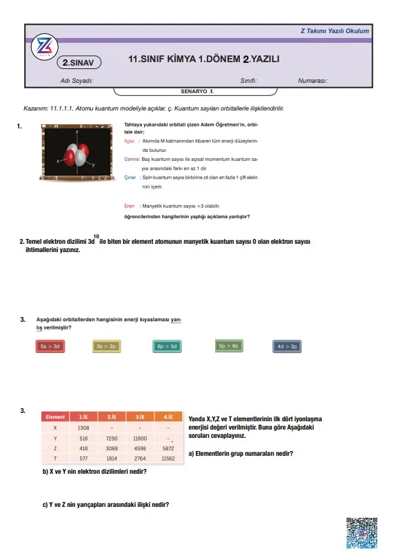 11.sınıf kimya 1.dönem 2.yazılı örneği