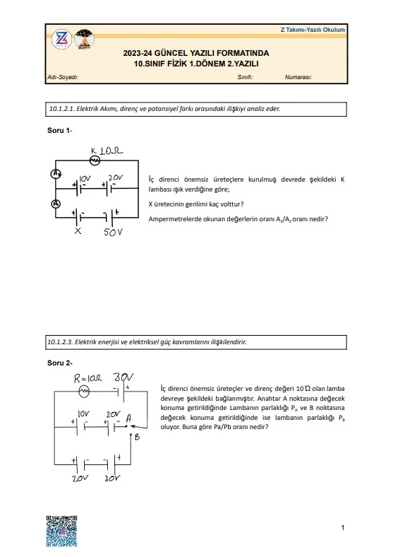 10.sınıf fizik 1.dönem 2.yazılı örneği