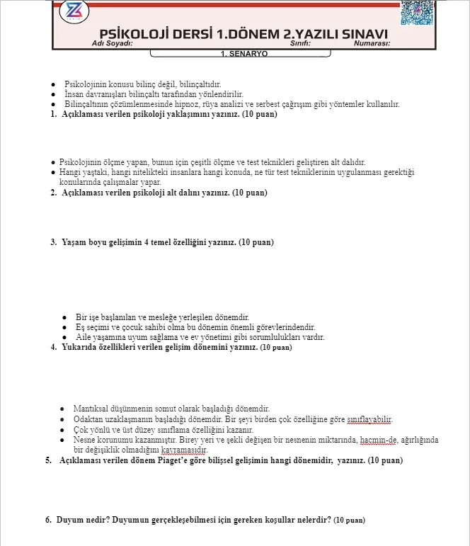 11.sınıf psikoloji 1.dönem 2.yazılı 12.sınıf psikoloji 1.sönem 2.yazılı