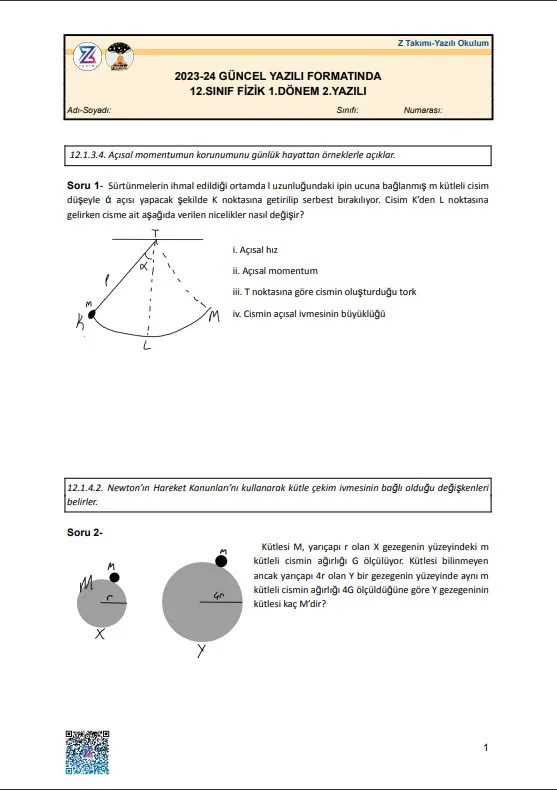 12.sınıf fizik 1.dönem 2.yazılı örneği
